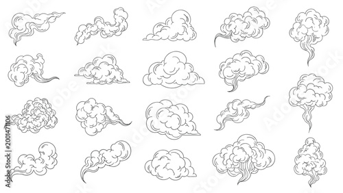 Collection of white fluffy clouds and smoke puffs in various shapes for weather apps and digital illustration elements for designers.
