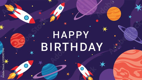 Colorful space themed happy birthday banner with rockets and planets floating in a starry galaxy for a children's party celebration.