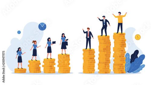 Business professionals standing on stacks of coins showing financial growth, salary differences, and economic success in the workplace.