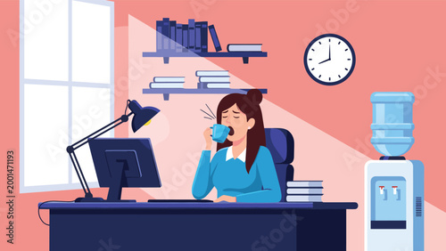 Tired female office employee yawning and drinking coffee at her desk with books and a water cooler in a productive workspace.