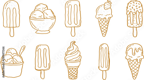 Hand-drawn doodle set of various ice cream treats, including popsicles, scoops in bowls, and waffle cones with toppings, in gold outline
