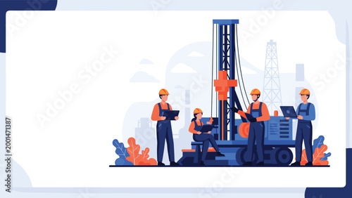 Industrial oil and gas drilling rig site with workers in safety gear using technology for energy production and natural resource mining.