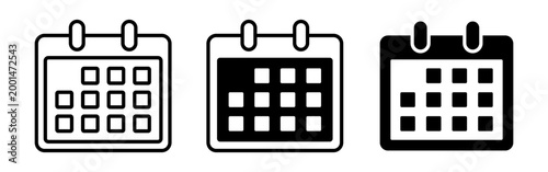 Vector isolated Calendar icon set in black outline and fill