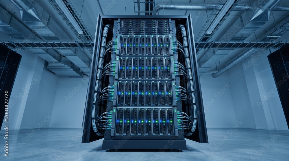 Fototapeta premium Modern server rack with high performance computing equipment in data center.