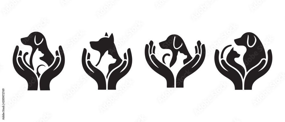 Fototapeta premium Hands holding dog and cat silhouettes. on White Background.