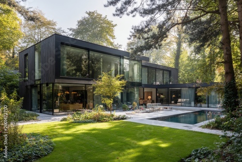 Modern house surrounded by trees and a pool in a garden setting during daylight with large windows showing interior space