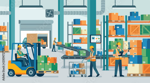 Logistics and warehousing operations with forklifts and conveyor belts in a busy distribution center
