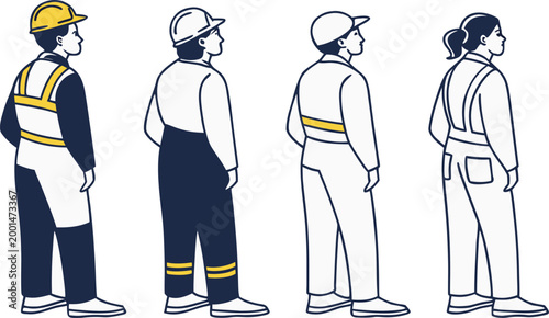 Four construction workers in hard hats standing in a row on a clean white background