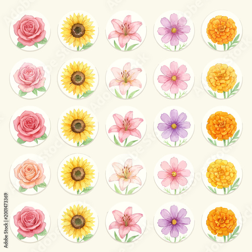 Beautiful watercolor icon sheet, 20 circular icons in neat grid, summer flowers