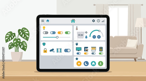 Digital tablet displaying an intuitive smart home management concept, offering seamless control of various integrated household devices and environmental settings for modern living