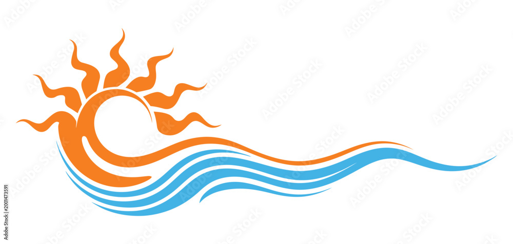 Fototapeta premium Sun Dawn Symbol Rising Over Ocean Waves Vector