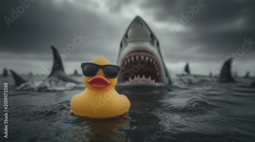 Yellow rubber duck with sunglasses floating in dark stormy sea with aggressive sharks. Business risk, crisis management and calm under pressure concept