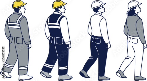 Four construction workers in hard hats walking in a line on a clean white background