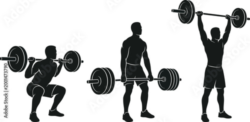 Weightlifting Exercise Silhouette Set, Barbell Squat Deadlift Overhead Press Fitness Vector Collection