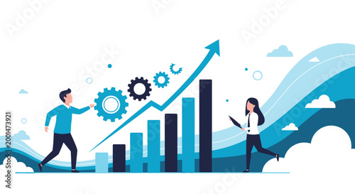 Collaborative team working on business growth strategy with rising bar charts and gears in modern corporate environment.