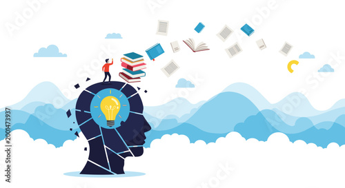 Creative thinker standing on giant head with lightbulb and flying books representing education and knowledge sharing.