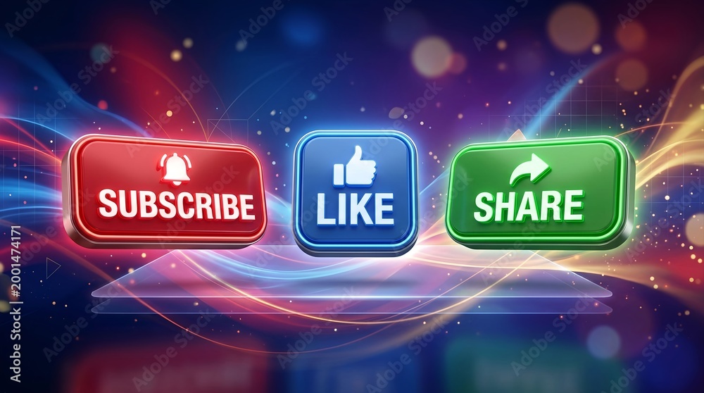 Naklejka premium Social media buttons for subscribe like and share represented by three glossy glowing colorful rectangular interface icons