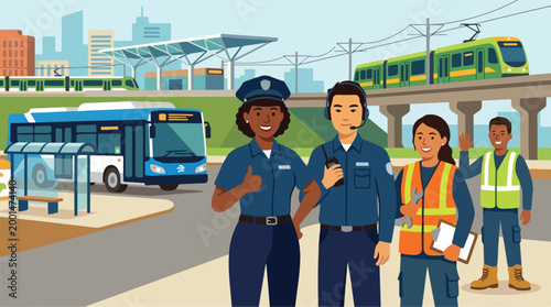 Diverse public transportation workers collaborating to ensure safe and efficient transit for the community