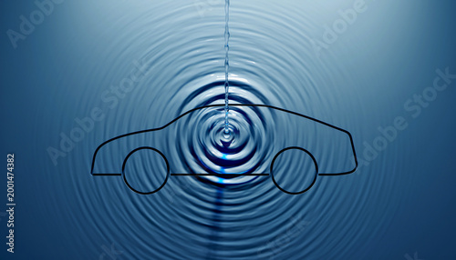 Eco friendly hydrogen transport concept with car icon on blue water surface ripple and splash