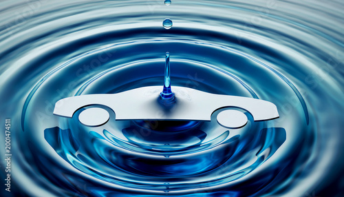 Eco friendly hydrogen transport concept with car icon on blue water surface ripple and splash