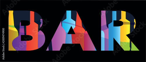 A vibrant, modern banner featuring the word "BAR" on a deep black background. The letters are filled with a colorful abstract pattern featuring bottle silhouettes. Perfect for advertising nightclubs
