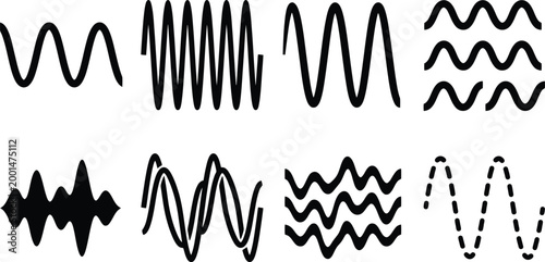Fotografía Ilustración de diferentes tipos de ondas y patrones de señal, incluyendo ondas sinusoidales, irregulares, superpuestas y punteadas, representando conceptos de frecuencia y amplitud