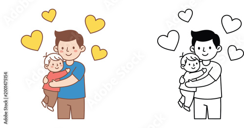 Father and Child Hugging with Hearts Vector Illustration and Coloring Page Set for Father's Day, Cute Hand Drawn Dad and Son Bonding Scene for Kids Educational Activity and DIY Craft