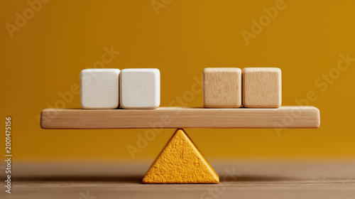 Blank wooden cubes balancing on a seesaw scale with one unique yellow block. Business comparison mockup, equality and leadership template concept