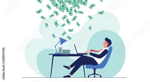 Relaxed businessman sitting at his office desk with a laptop while a rain of dollar bills falls from the sky.