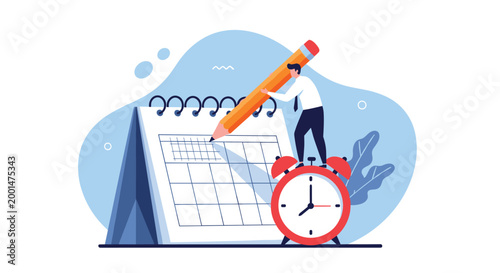 Organized businessman standing on top of an alarm clock while using a pencil to mark tasks on a desk calendar.
