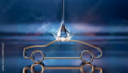Concept of hydrogen fuel cell technology with golden car outline and pure water drop splash