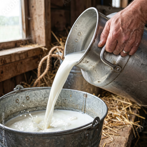 Man pouring fresh milk from a metal bucket into a large pail filled with hay on a farm.