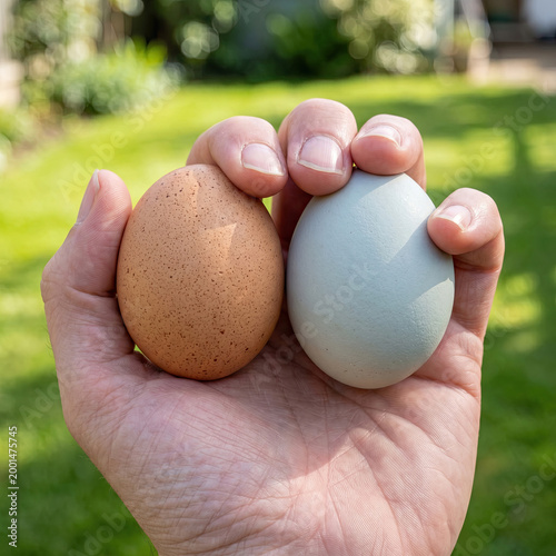 A hand holds two eggs, one brown and one blue, outdoors in a garden.