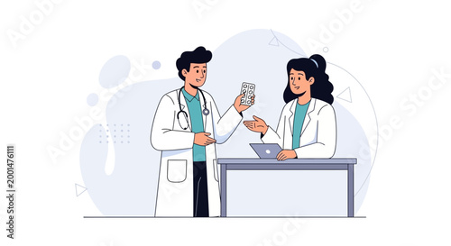 Doctors Discussing Medication at Pharmacy Counter with Laptop