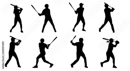 Black silhouettes of baseball players hitting isolated on transparent background, Vector