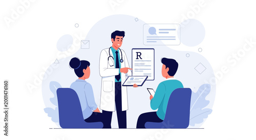 Doctor Consults Patients with Prescription and Tablet in Modern Clinic