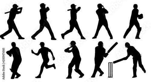 Black silhouettes of baseball players in various actions isolated on transparent background, Vector