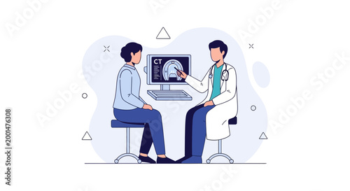 Doctor showing CT scan to patient, medical consultation, healthcare concept