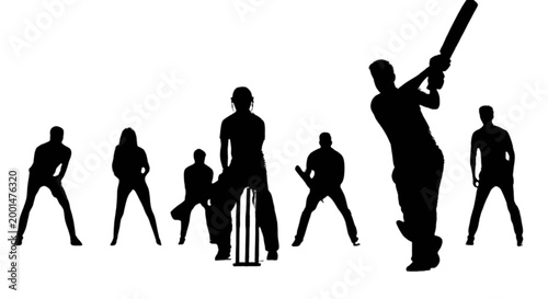 Black silhouettes of cricket players in various actions isolated on transparent background, Vector