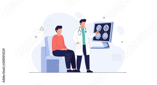 Doctor showing MRI scan to patient, medical consultation, healthcare concept