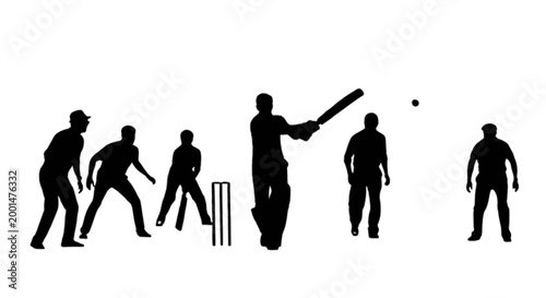 Cricket players silhouettes playing match isolated on transparent background, Vector