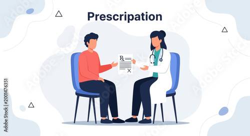 Doctor giving prescription to patient sitting on chair, healthcare concept illustration