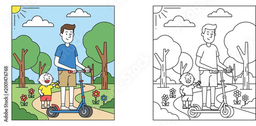 Father and Son Riding Scooter in the Park Vector Illustration and Coloring Page Set, Happy Dad and Child Outdoor Activity for Kids Educational Craft and Father's Day Greeting Card