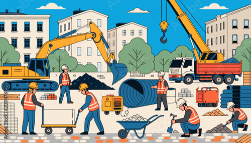 Construction workers labor on a bustling city site with cranes and trucks under a blue sky