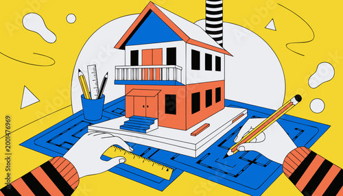 Hands holding architectural house model on blueprints with tools and pencils illustrating planning and design process in construction and real estate development