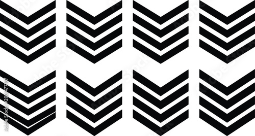 Ocho conjuntos de galones de rangos militares o policiales en negro sobre blanco.