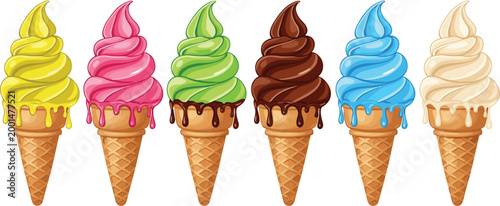 Colorful ice cream cones collection melting soft serve dessert vector illustration set sweet summer treats