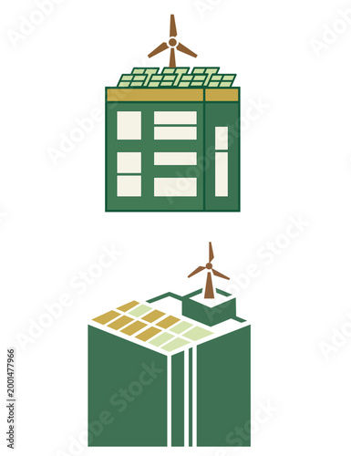 Sustainable green building with solar panels and wind turbines clean energy concept illustration