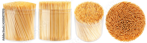 Cuadro en lienzo Collection of natural wooden toothpicks in various arrangements within a clear plastic dispenser box, hygiene tool