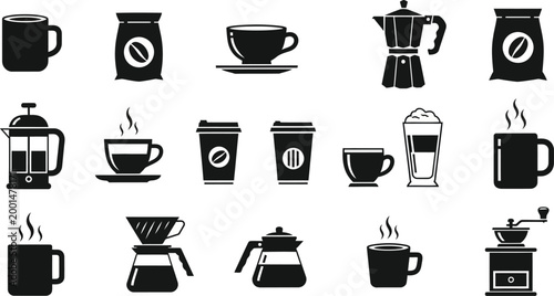 Black and white coffee various brewing methods and cups coffee cup coffee mug coffee pot french press